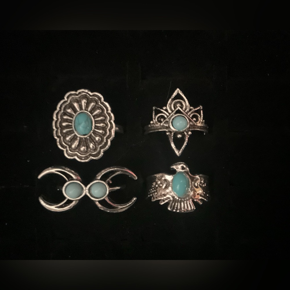 New x4 Silver Tone Ring Synthetic Turquoise Moon Bird Boho Fashion Set Size 5/6